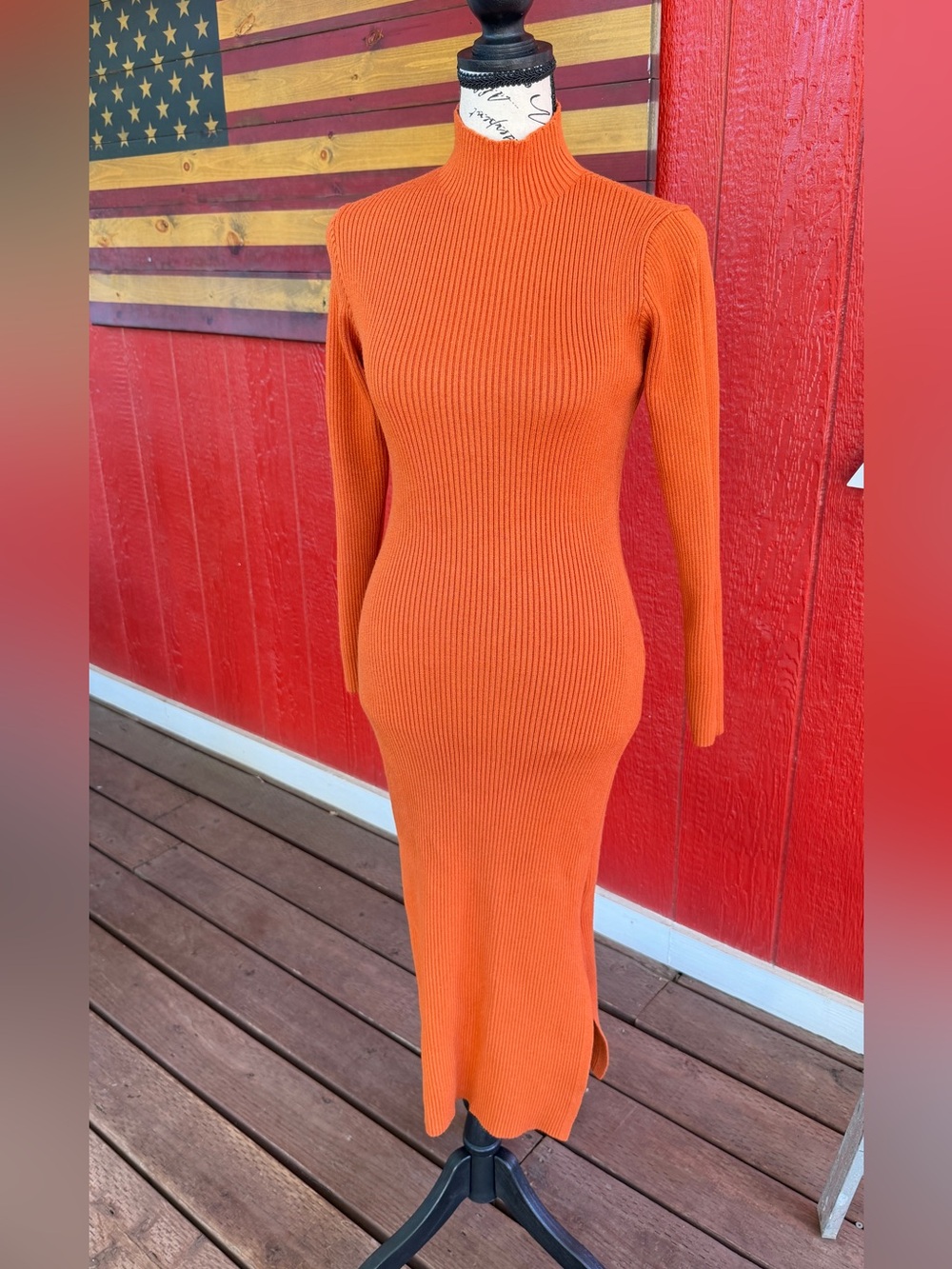 Long Sleeve Turtleneck Midi Dress in Burnt Orange - Picture 2 of 6